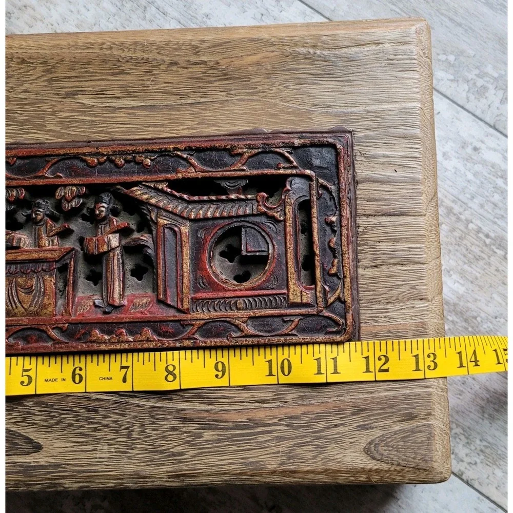 VTG Hand Carved Wood Trinket Box Asian Chinoiserie Relief‎ Scene Jewelry Chest